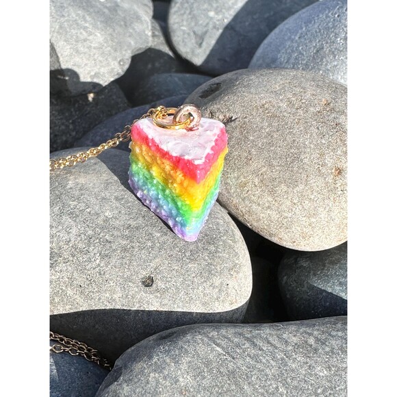 Handmade Rainbow Cake Slice Necklace , Polymer Clay Jewelry, Food Charm Necklace - Picture 2 of 4
